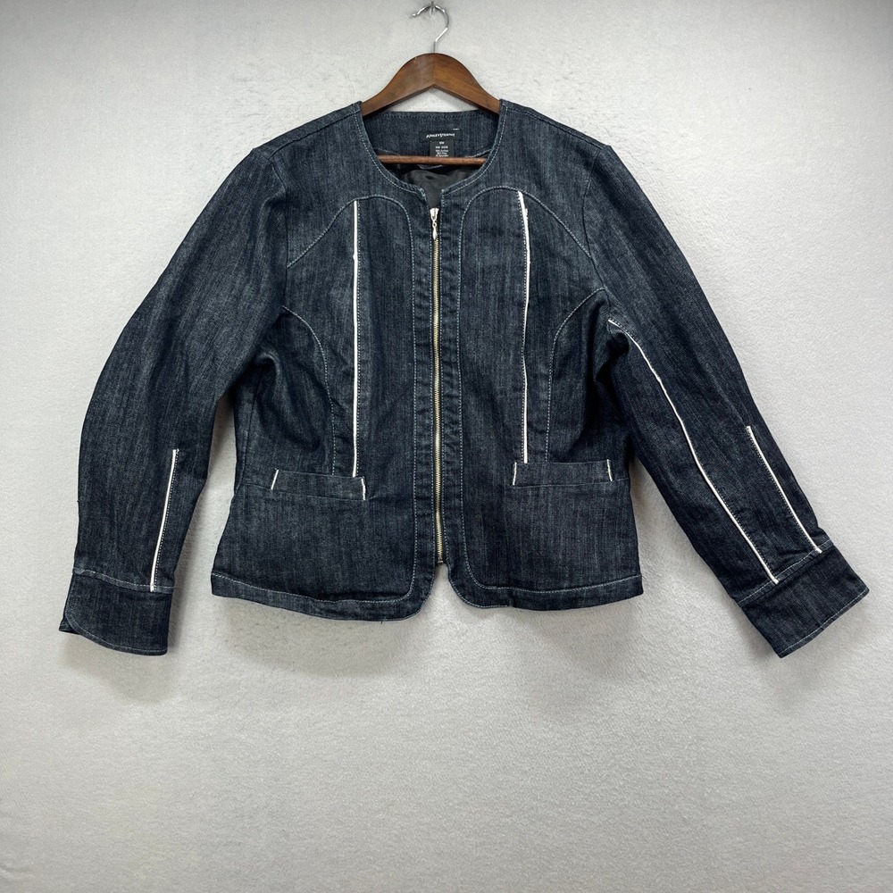 Ashley Stewart Denim Jacket Womens 16W Dark Blue Jean Zip Up Piping‎ Plus Size